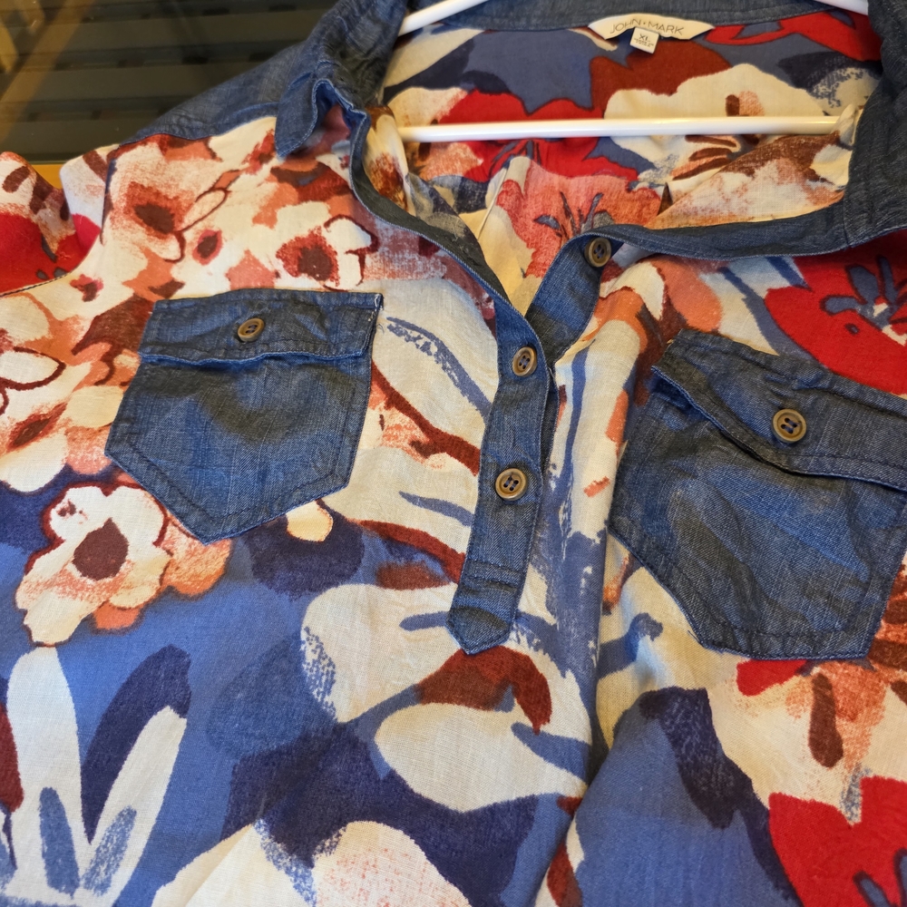 John Mark Floral Denim Blouse - Red, Blue, White - Picture 7 of 10